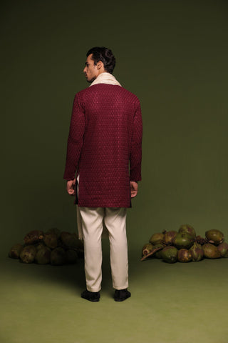 Kaidar Wine Front Open Kurta trouser set with dupatta
